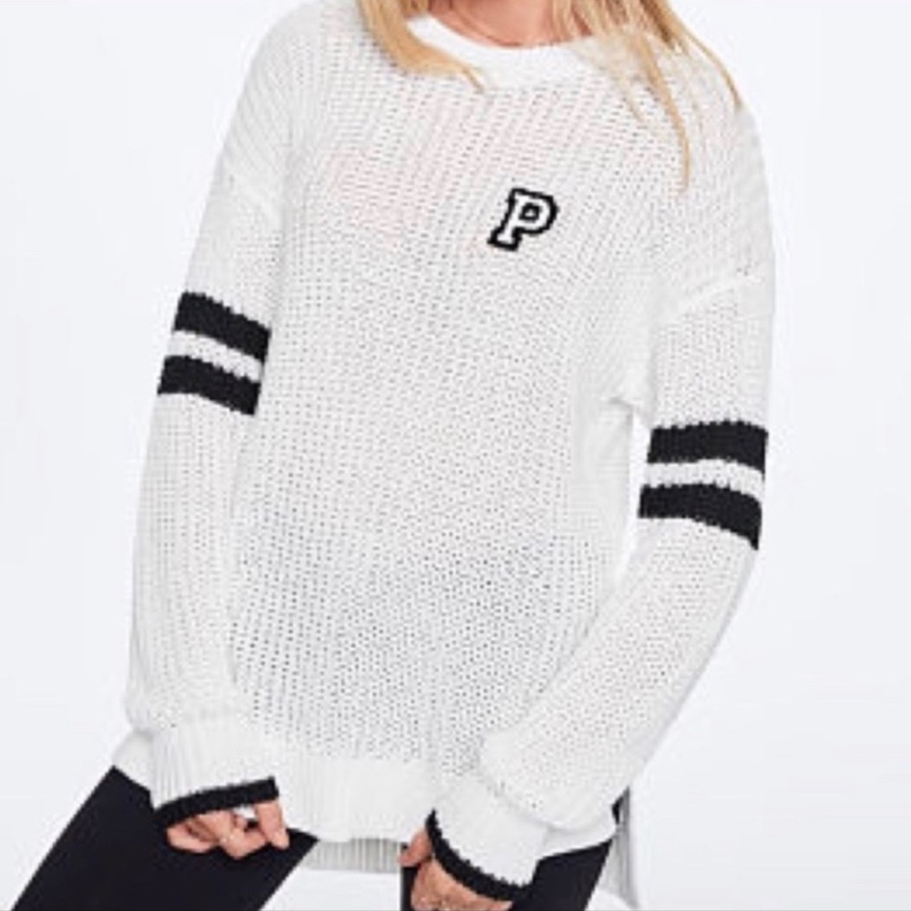 ‼️ISO‼️ Victoria’s Secret Pink Crew Neck Varsity Sweater ~ Med. ~ White